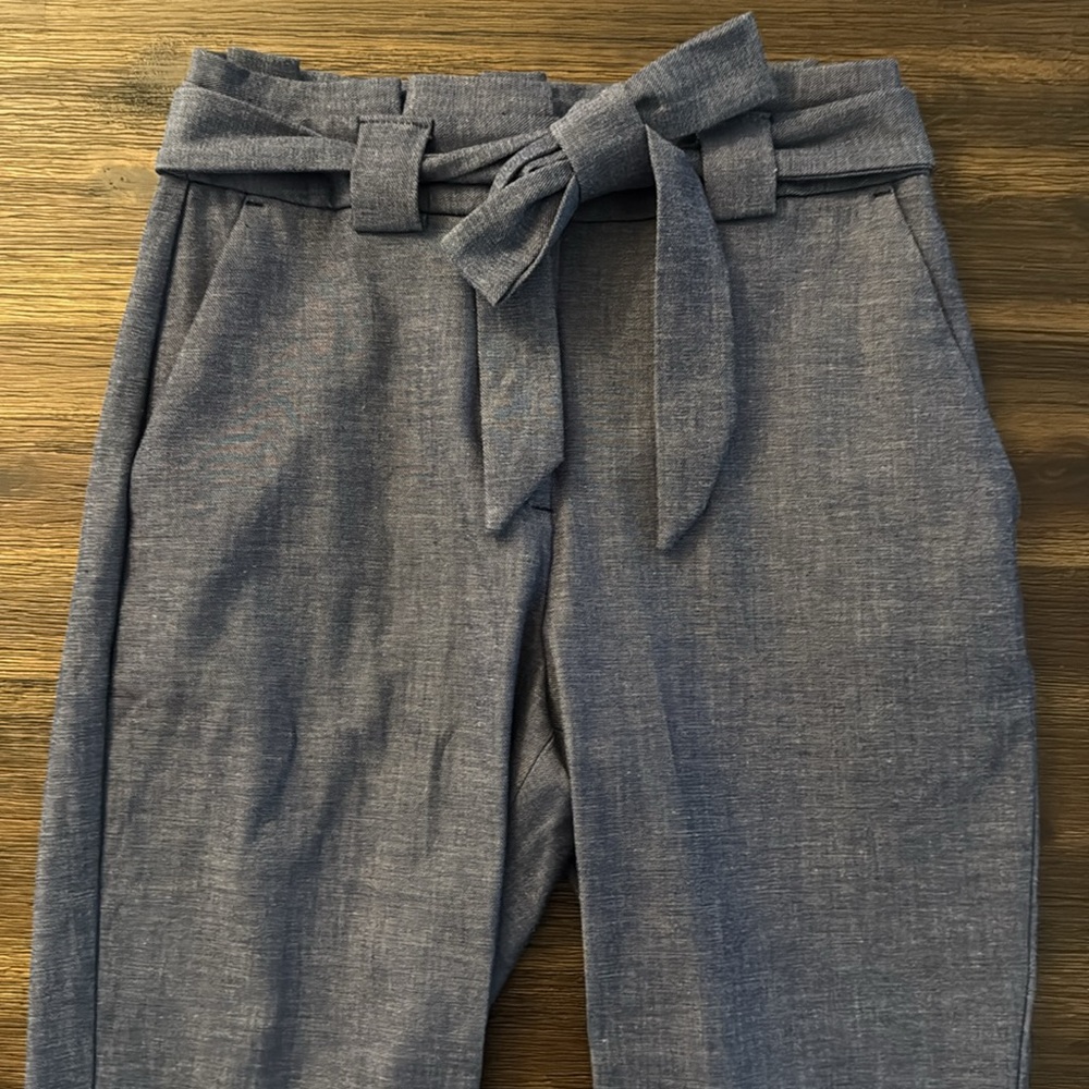 Express Heather Blue High Rise Paper Bag Waist Ankle Pants 4 Long - Picture 2 of 9
